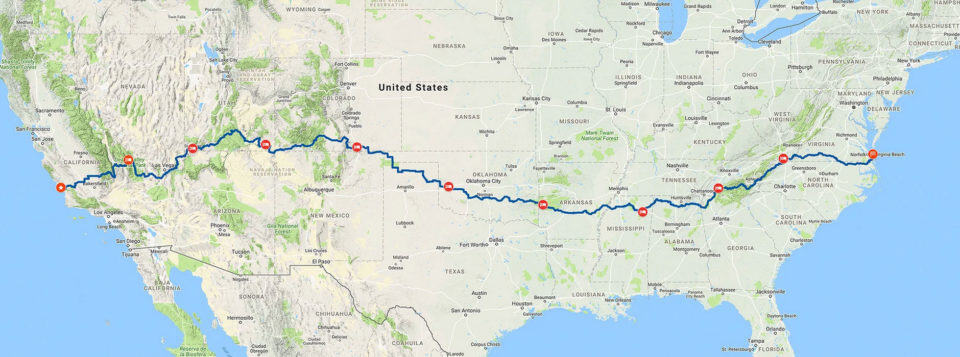 Карта маршрута Cannonball Run